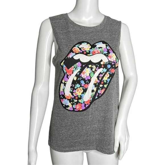 Bravado Rolling Stones Shirt Womens‎ Medium Gray Floral Lips Tongue Muscle Tee - Picture 1 of 7